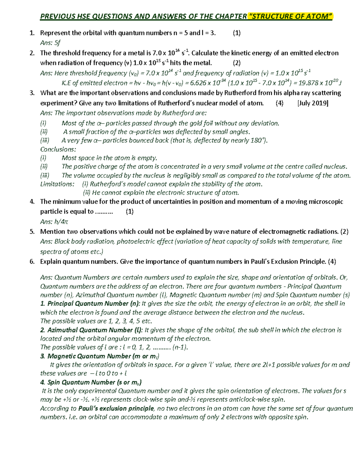 2. Structure Of Atom And Applications - Previous Hse Questions And 