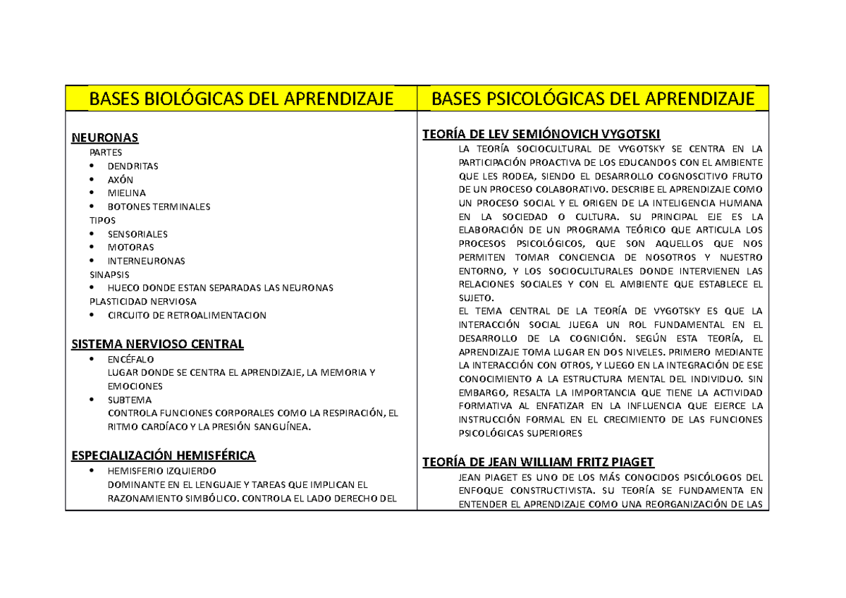 Bases Biol Gicas Del Aprendizaje Bases Biol Gicas Del Aprendizaje Bases Psicol Gicas Del Studocu