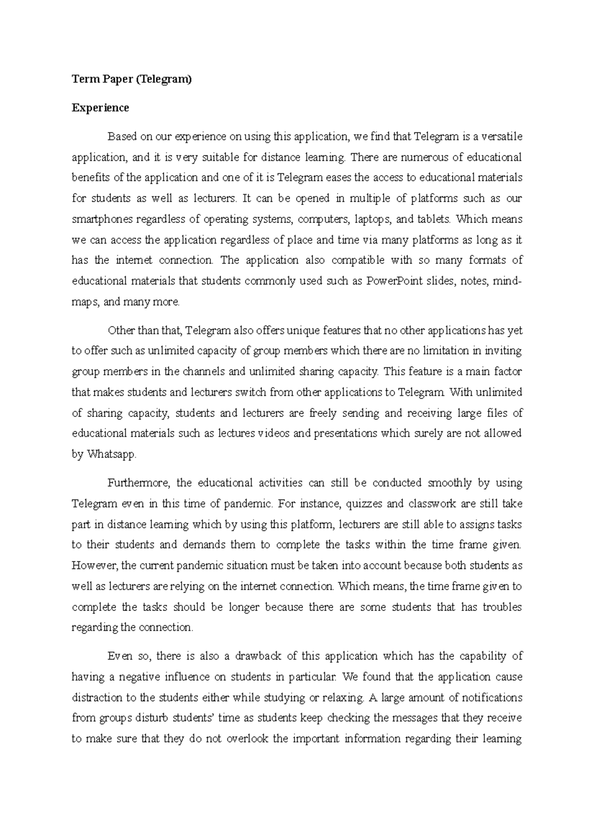 Term Paper Pairing IMD211 Telegram - Term Paper (Telegram) Experience ...