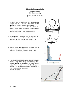 Sheet 1 solutions - Engineering Mechanics - EG-166 - Question sheet 1 ...