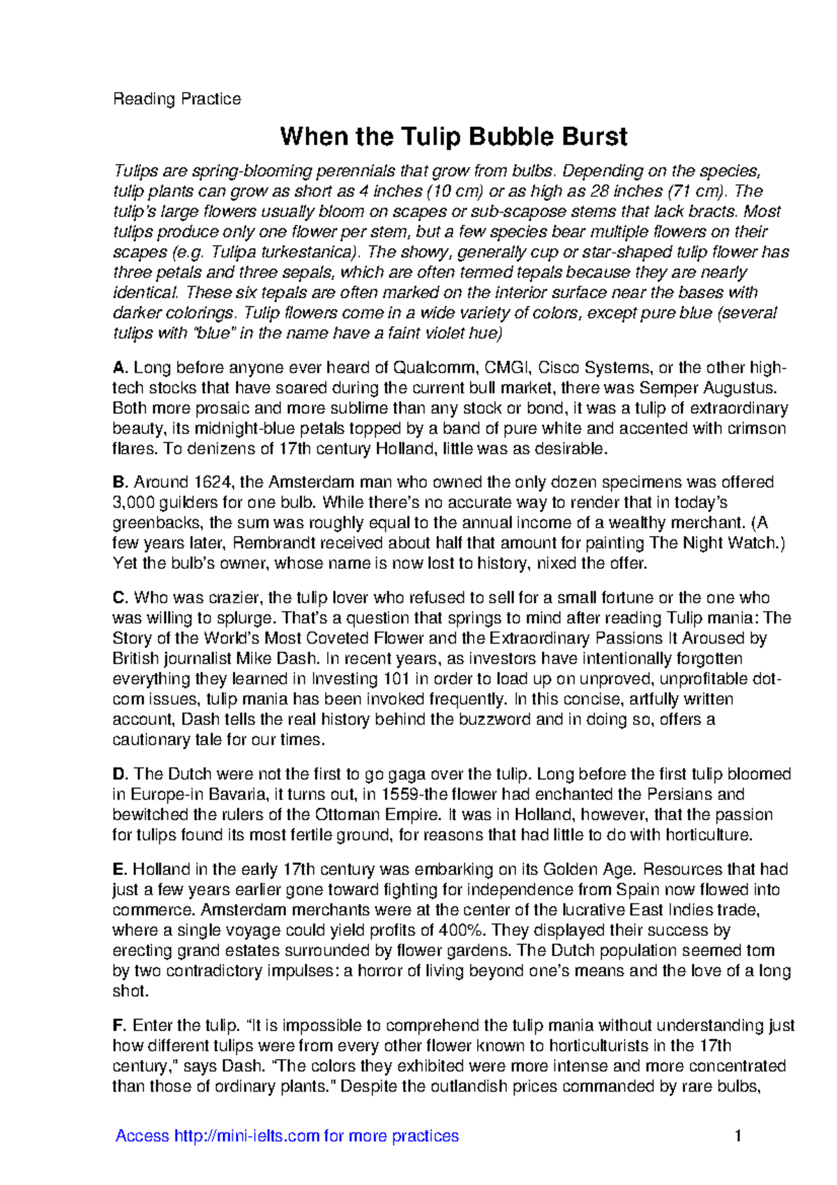 When the tulip bubble burst Reading Practice When the Tulip Bubble