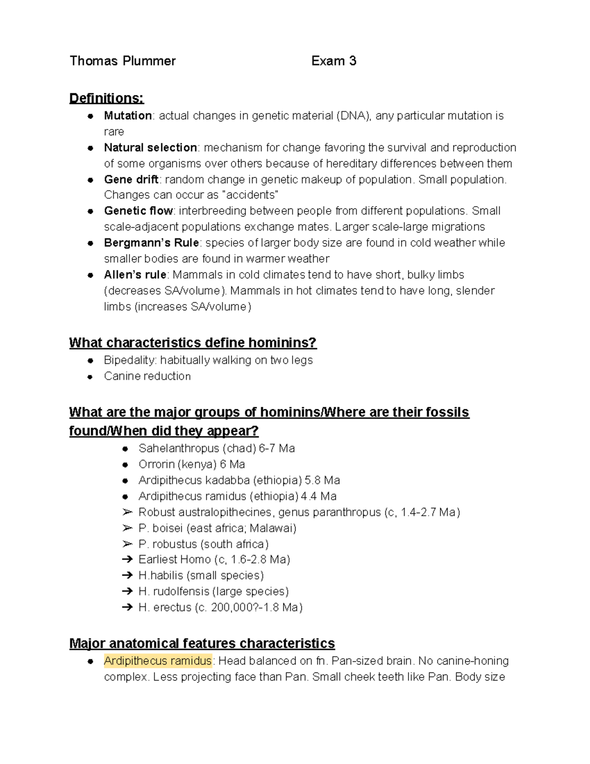 Final Exam study guide - Thomas Plummer Exam 3 Definitions: Mutation ...