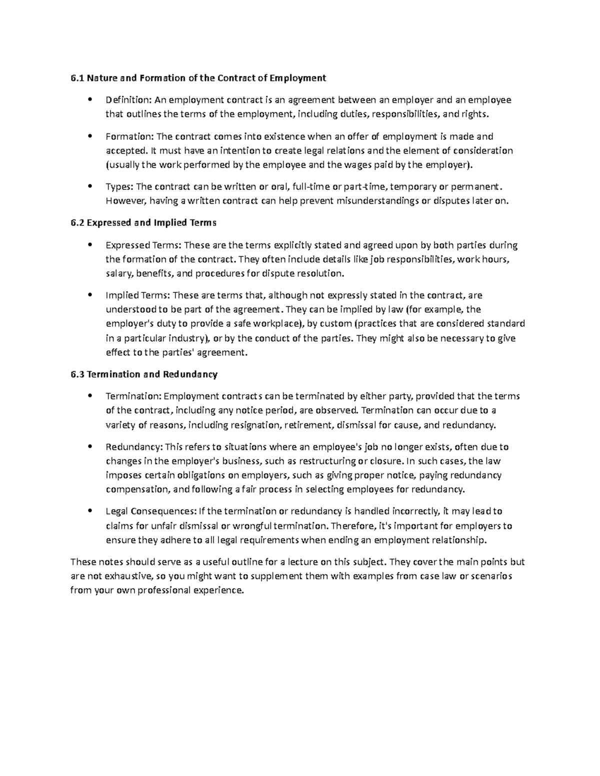Employment Law Notes 2 - 6 Nature and Forma琀椀on of the Contract of ...