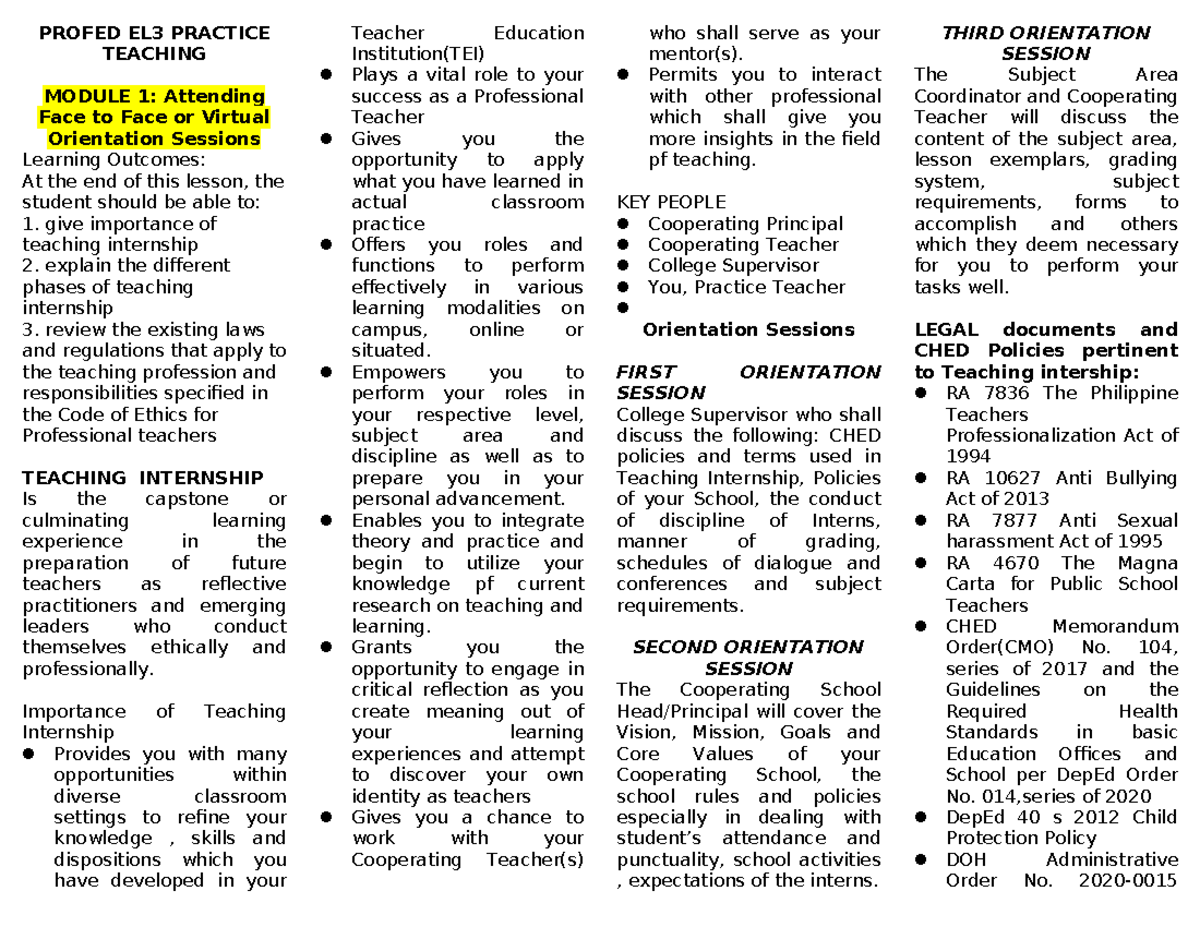 Profed EL3 Practice Teaching - PROFED EL3 PRACTICE TEACHING MODULE 1 ...