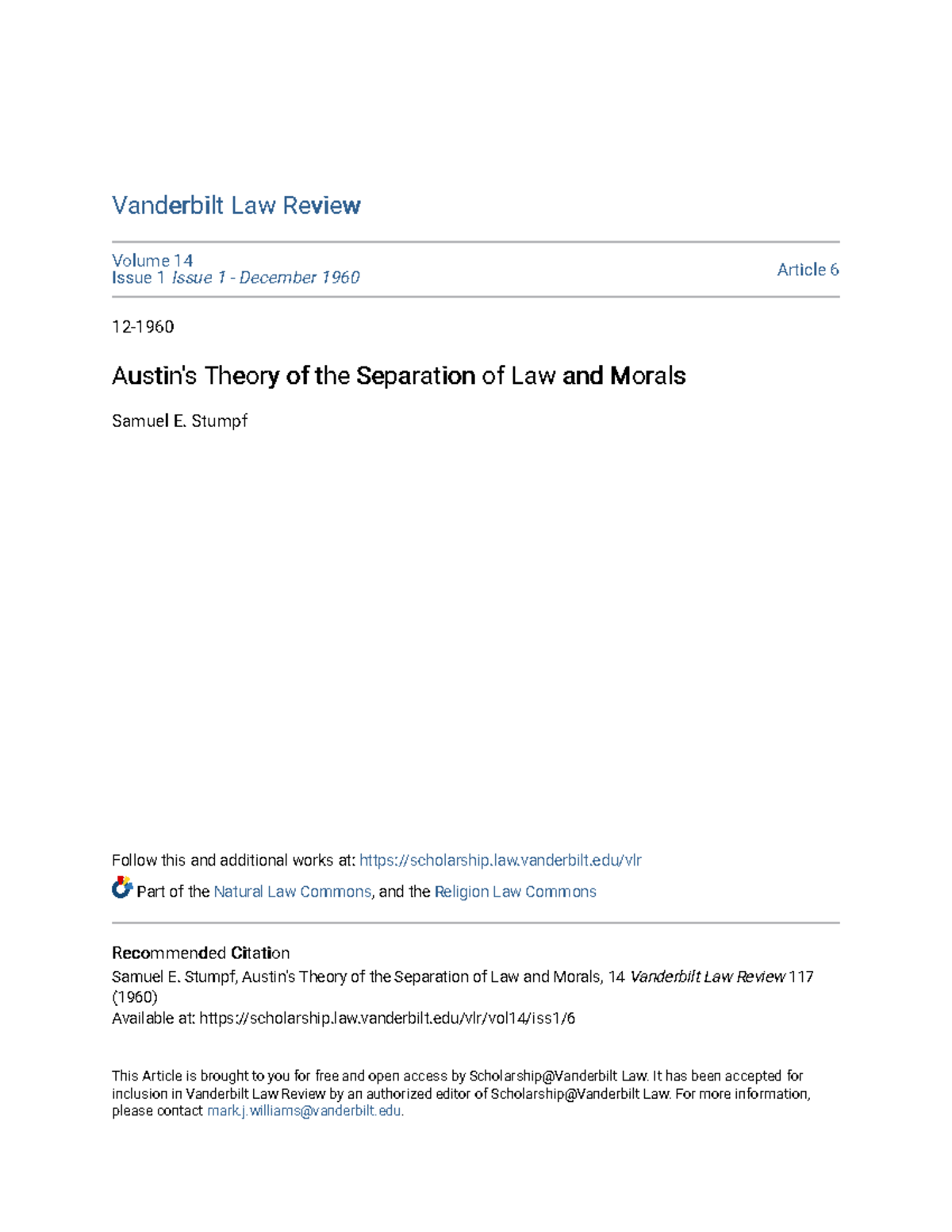 Austins Theory of the Separation of Law and Morals - Vanderbilt Law ...