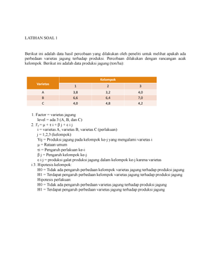 Latihan Soal Rancangan Acak Kelompok Faktorial (Latihan Soal 1) - 1 ...