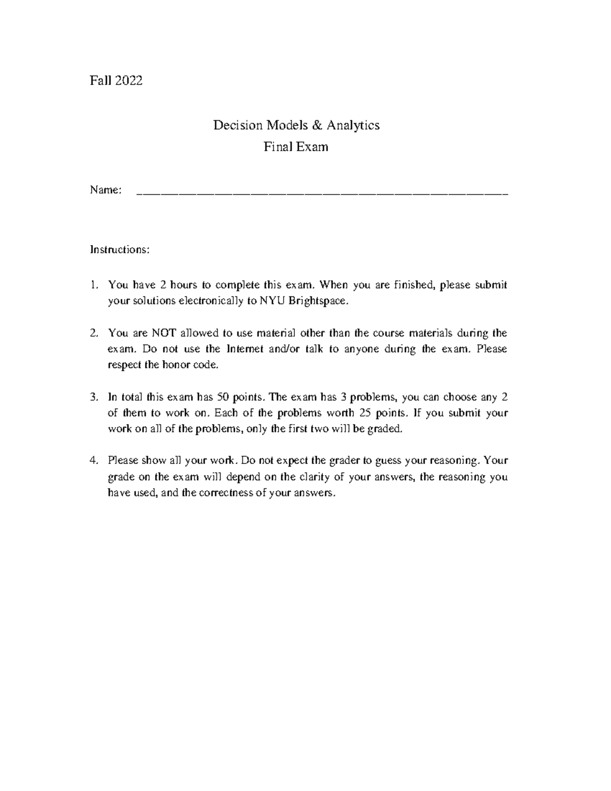 Dma final practice fall 2022 decision models analytics final exam