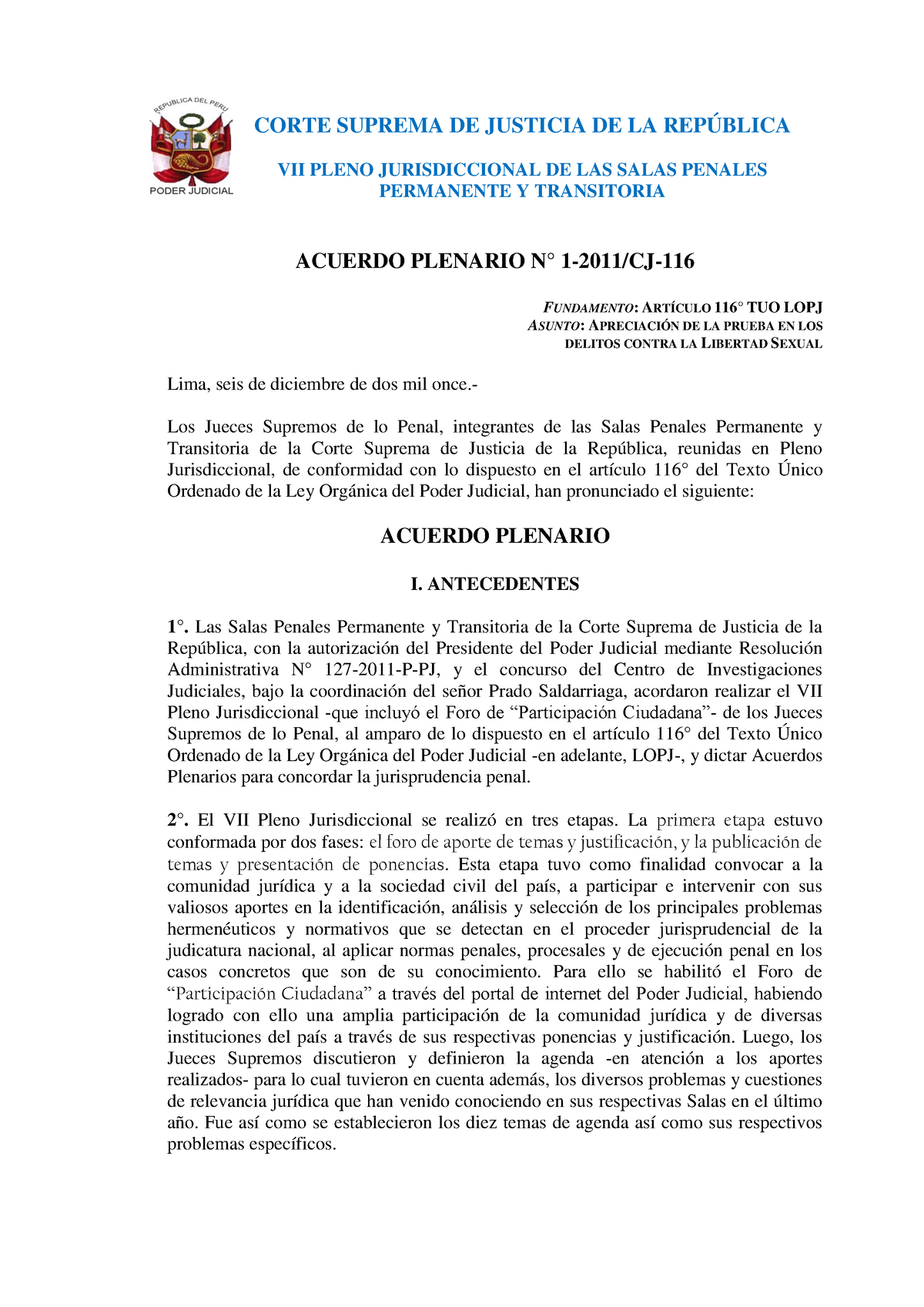 Acuerdo Plenario N° 1-2009 CJ-116 - VII PLENO JURISDICCIONAL DE LAS ...