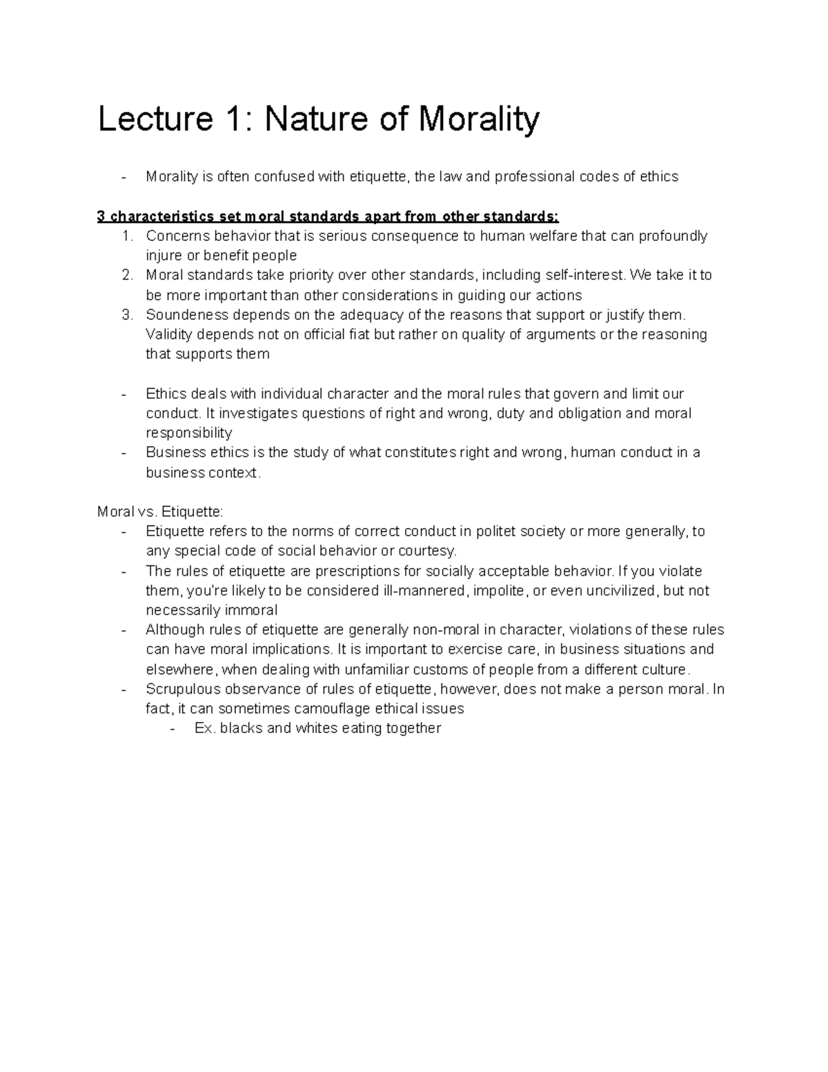 Bus 303 Notes - Lecture 1: Nature of Morality Morality is often ...