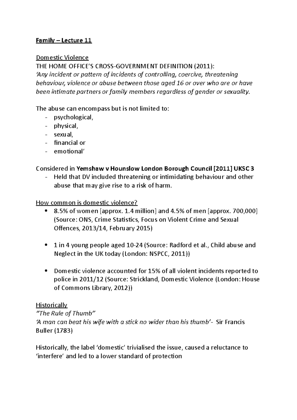 W11 Lectures - Lecture notes 11 - Family – Lecture 11 Domestic Violence ...