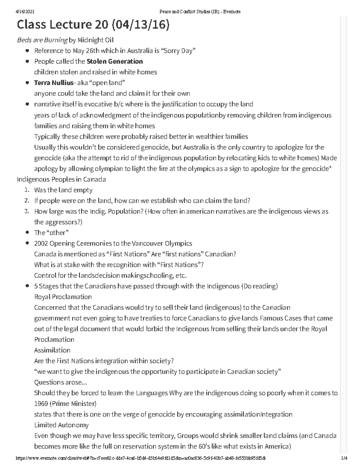 Peace and Conflict Studies (IR) Evernote Class Lecture 20 (04/13/16