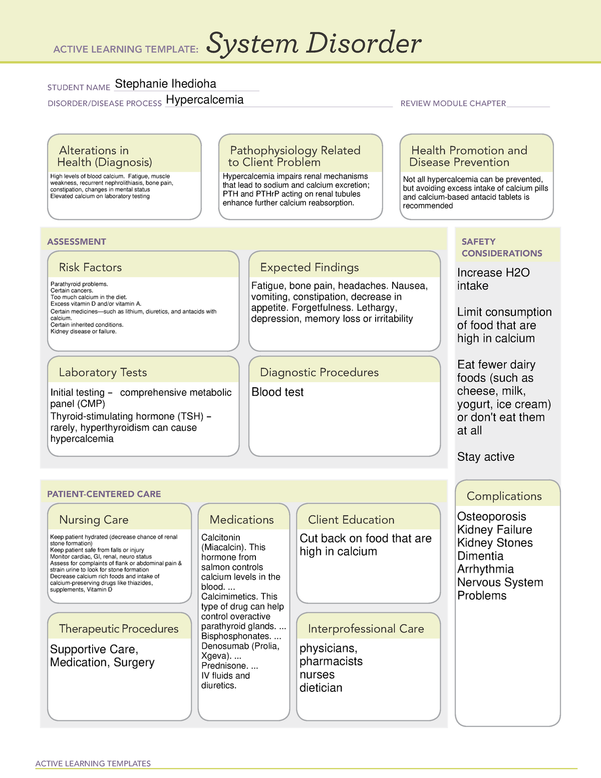 System Disorder Hypercalcemia ACTIVE LEARNING TEMPLATES System
