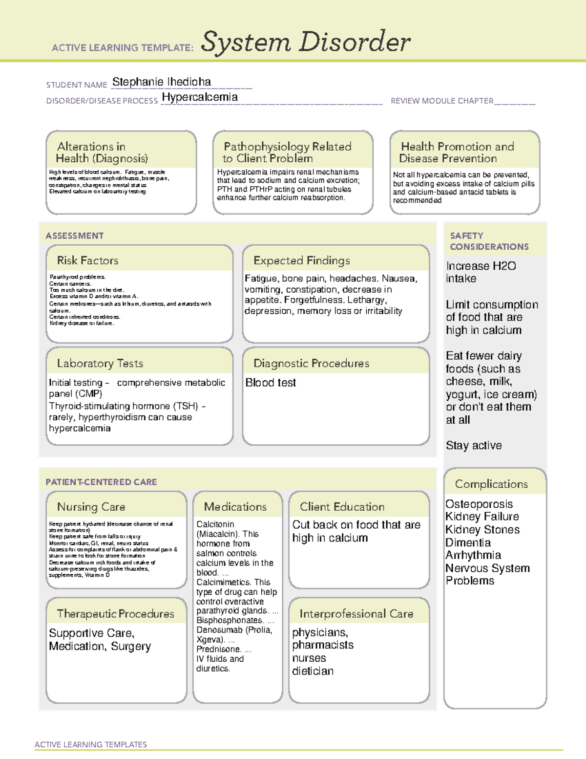 System Disorder Hypercalcemia ACTIVE LEARNING TEMPLATES System 