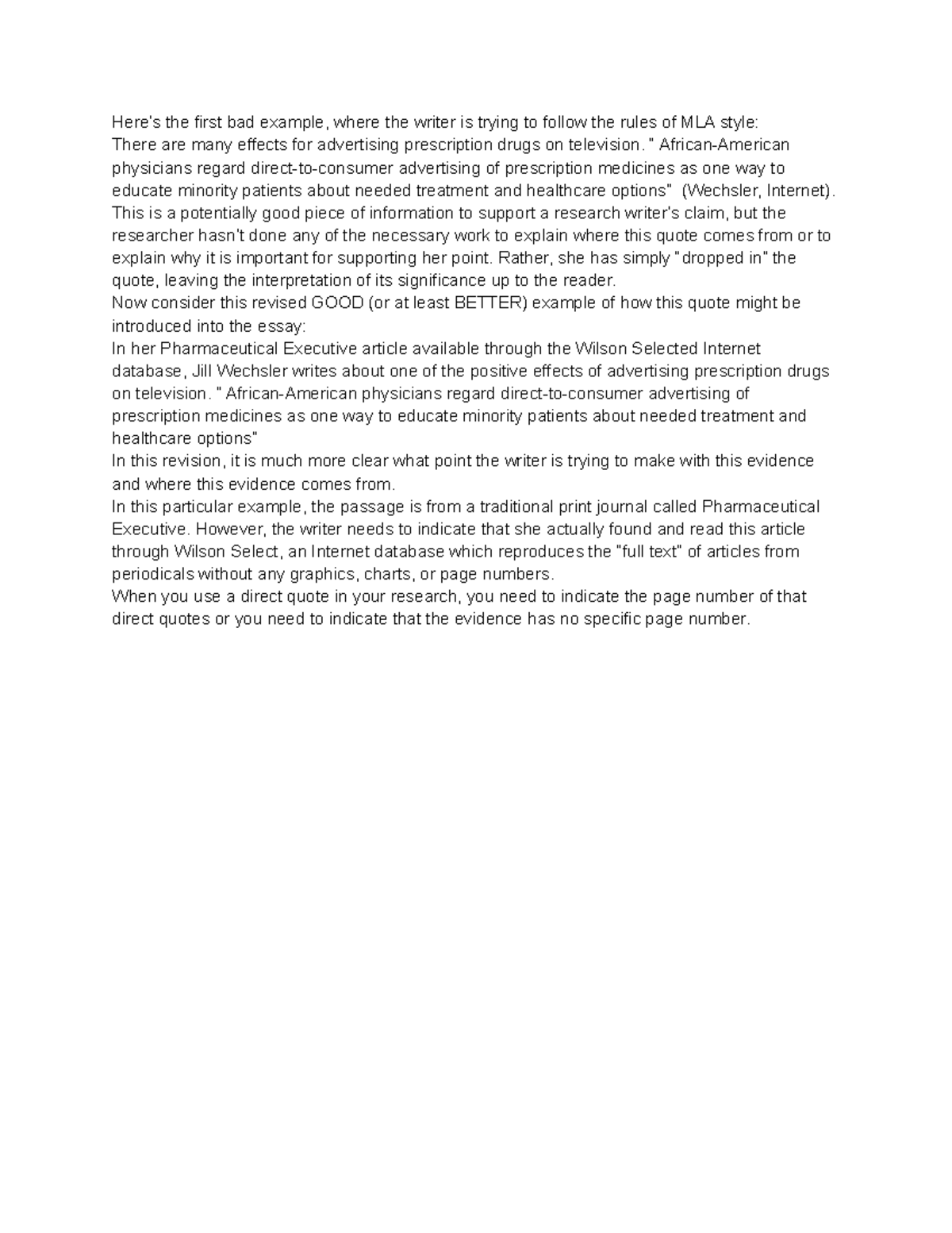 Quoting in MLA Style - Here’s the first bad example, where the writer ...
