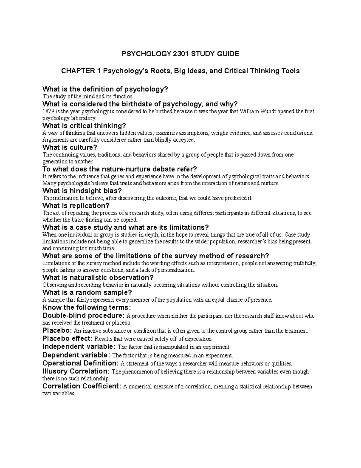 Chapter 1 Study Guide - PSYCHOLOGY 2301 STUDY GUIDE CHAPTER 1 ...