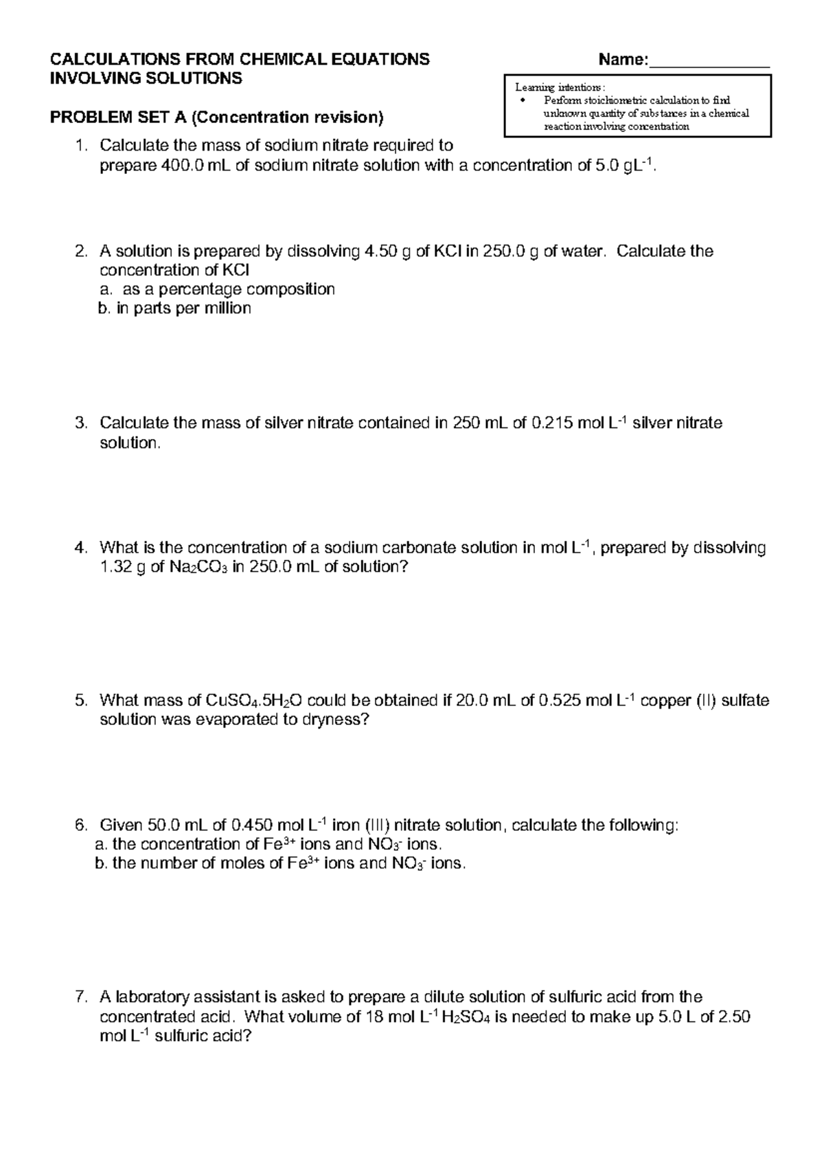 8.9 Stoichiometry involving solutions handout - CALCULATIONS FROM ...