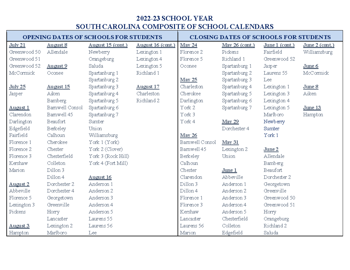2022-2023 Composite School Calendar - 2022-23 SCHOOL YEAR SOUTH ...