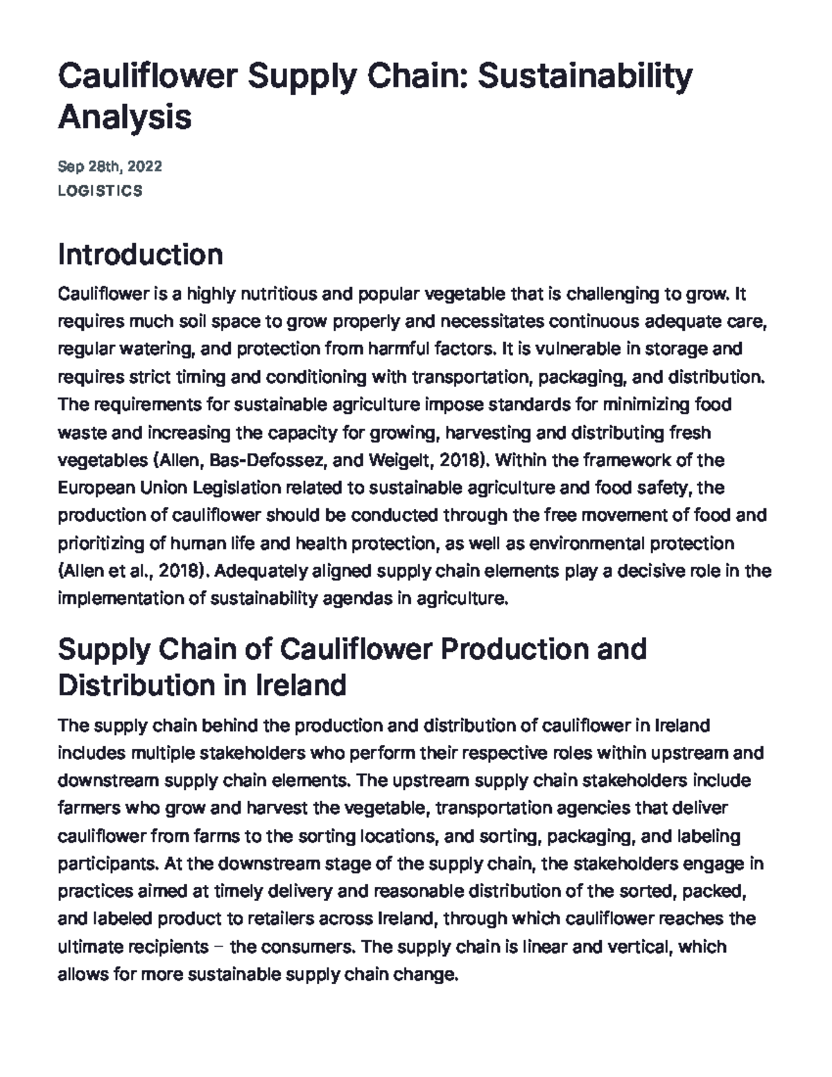 Cauliflower Supply Chain Sustainability Analysis Essay Example ...