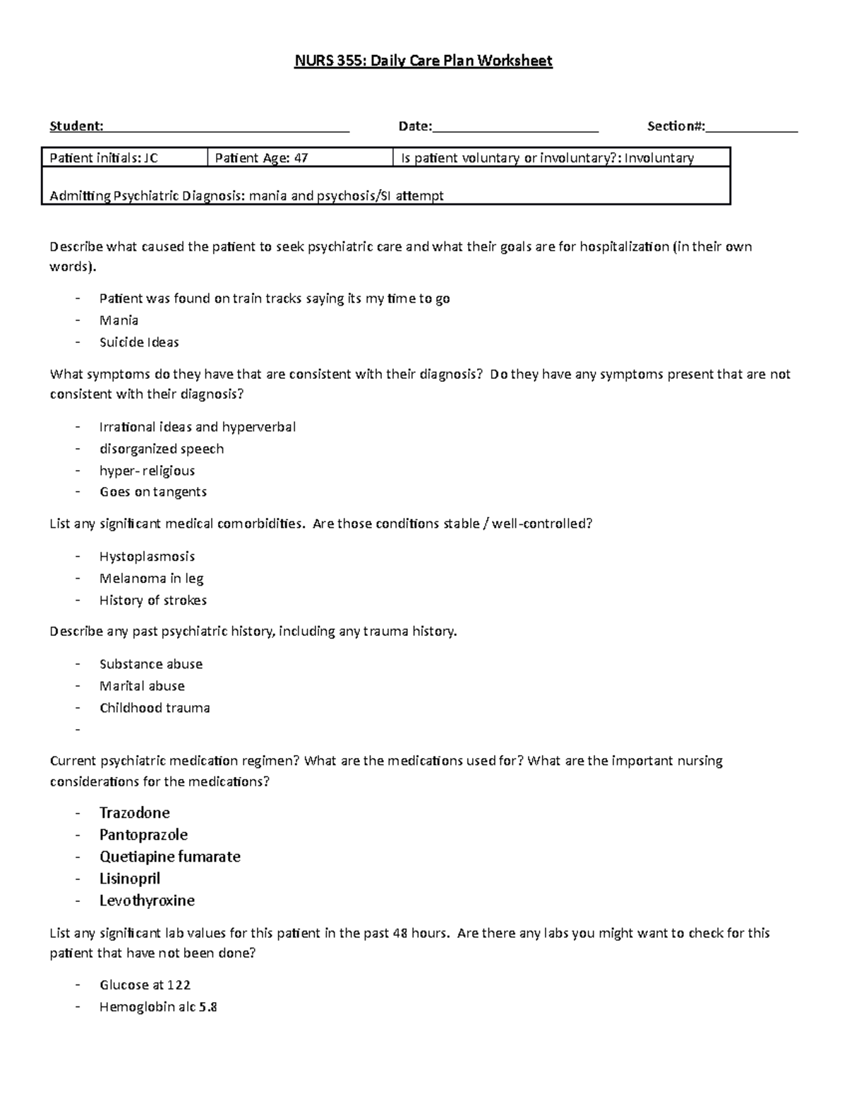 NURS355 Clinical Care Plan Worksheet - NURS 355: Daily Care Plan ...