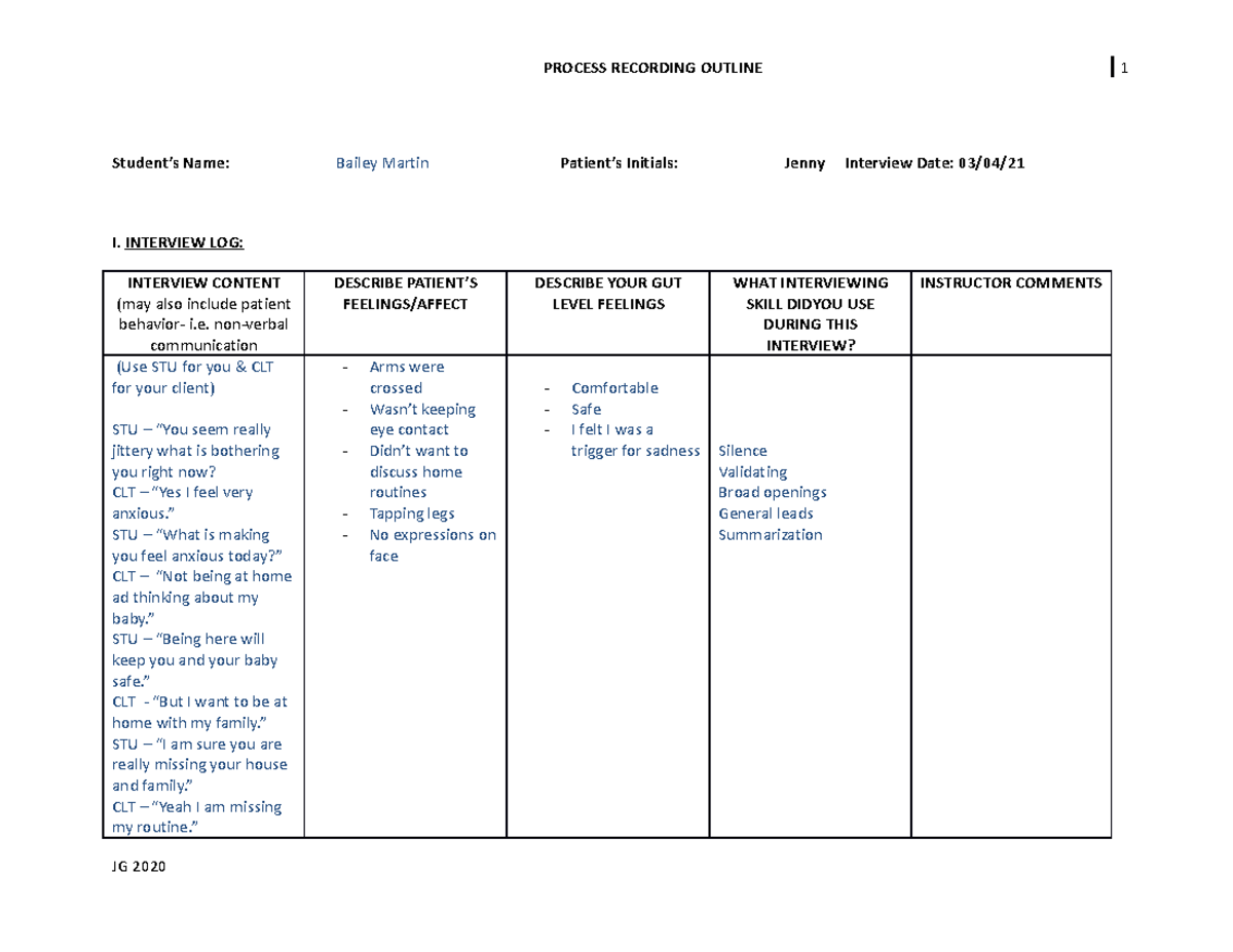 Process Recording Mental Health - Student’s Name: Bailey Martin Patient ...