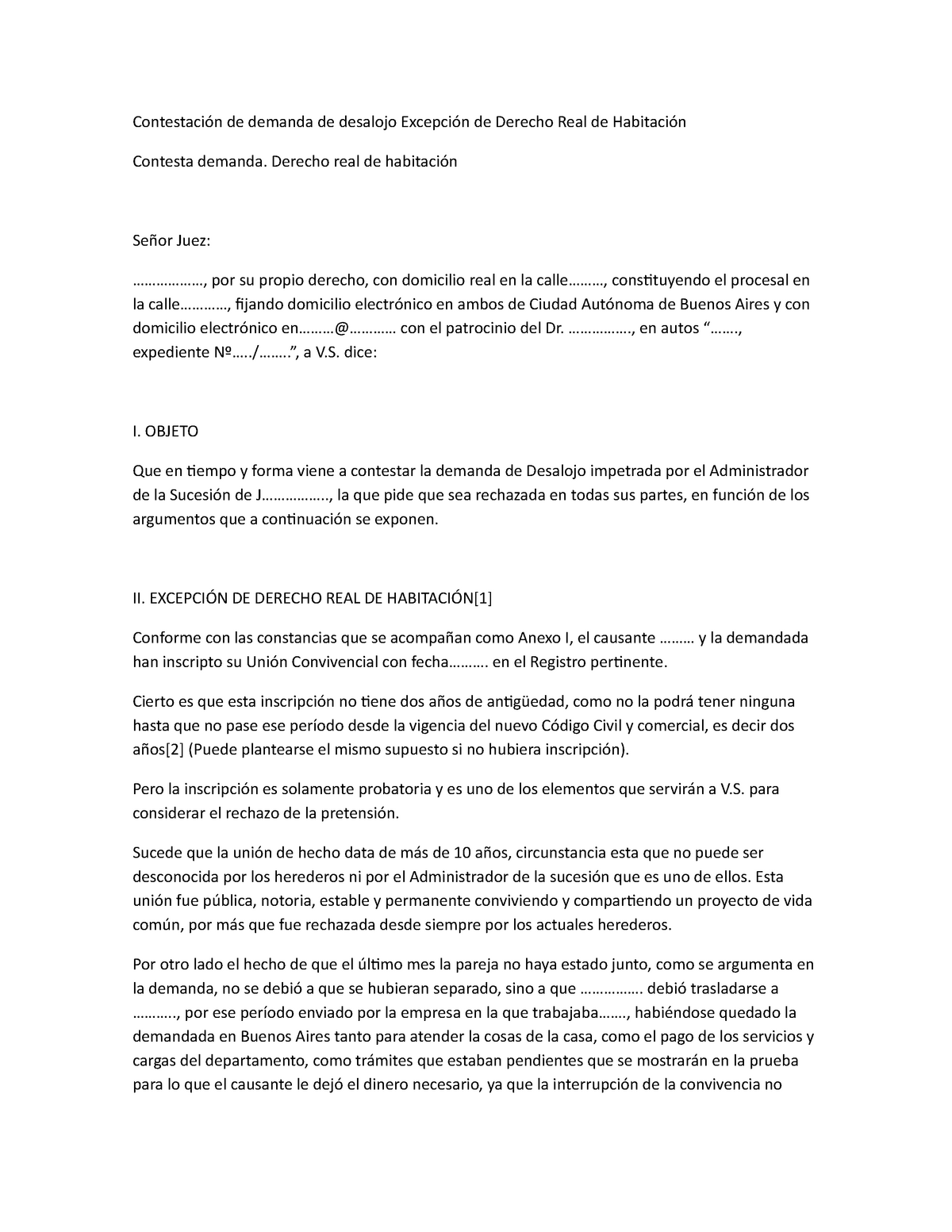 Contestación de demanda de desalojo Excepción de Derecho Real de Habitación  - Derecho real de - Studocu