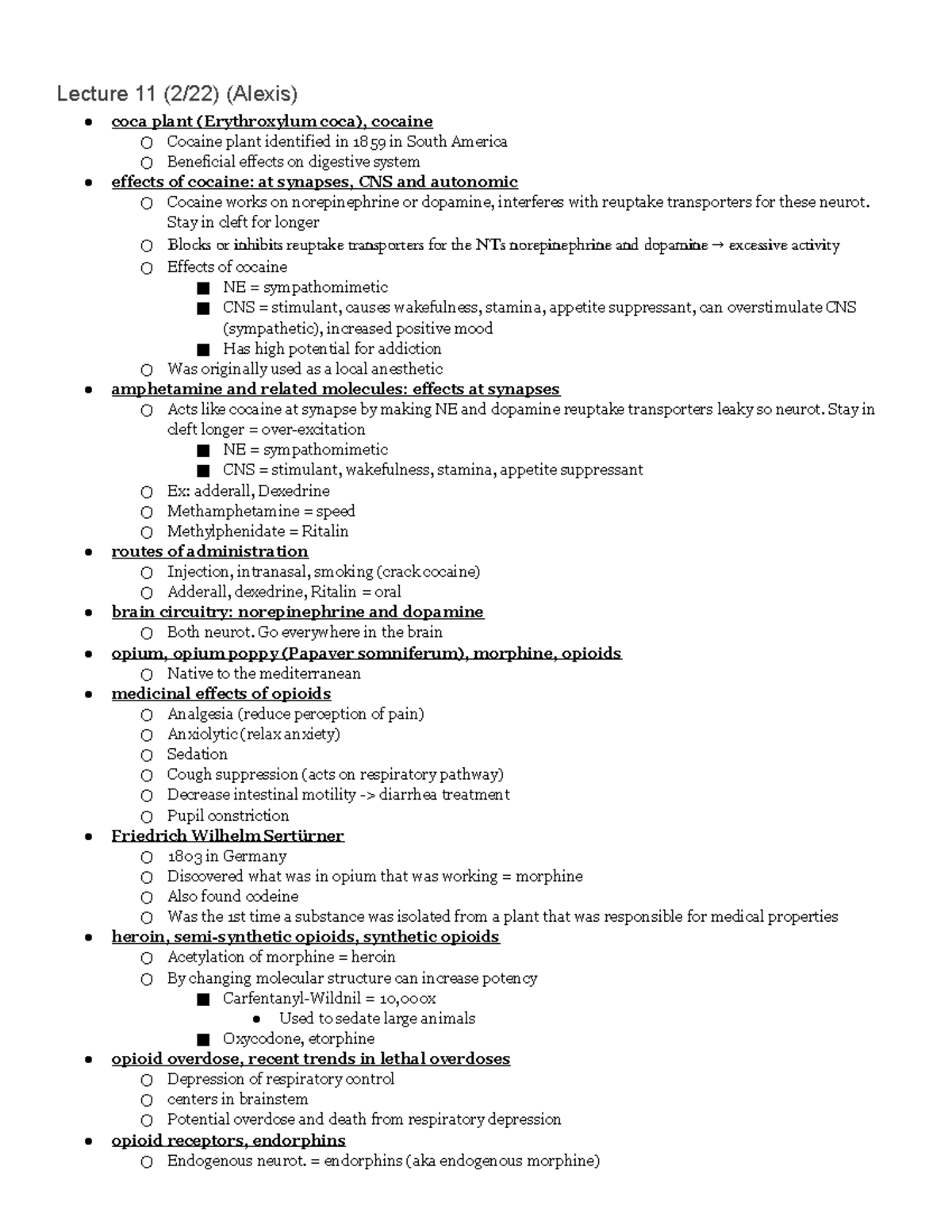 MCB C61 Midterm 2 Study Guide - Lecture 11 (2/22) (Alexis) coca plant ...