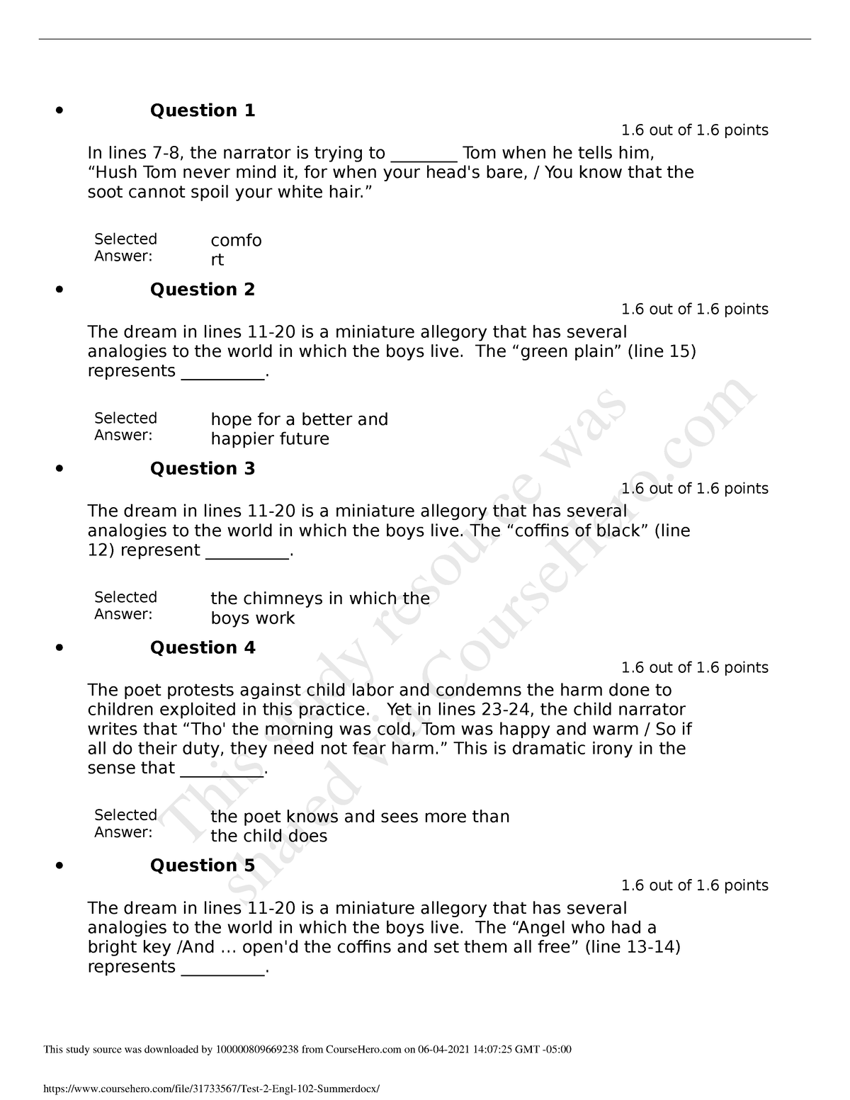 Test 2 Engl 102 Summer - Question 1 1 out of 1 points In lines 7-8, the ...