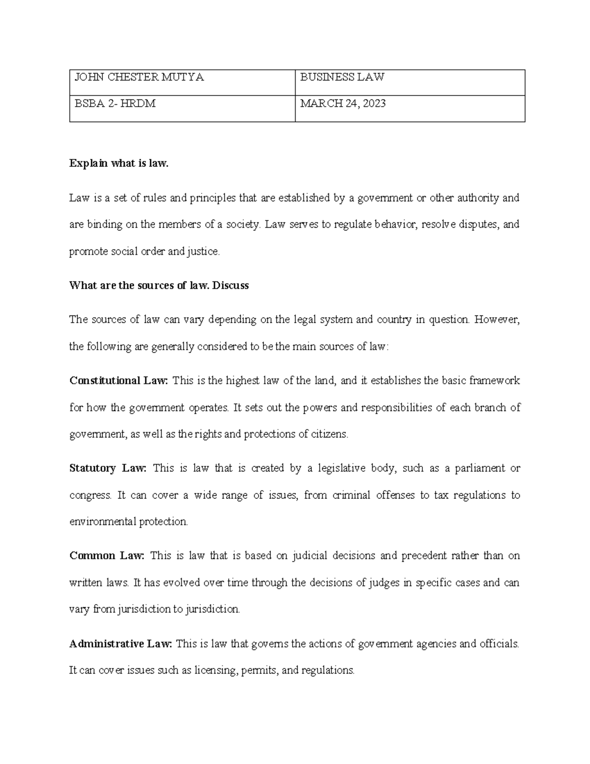 Business law activity 4 - JOHN CHESTER MUTYA BUSINESS LAW BSBA 2- HRDM ...