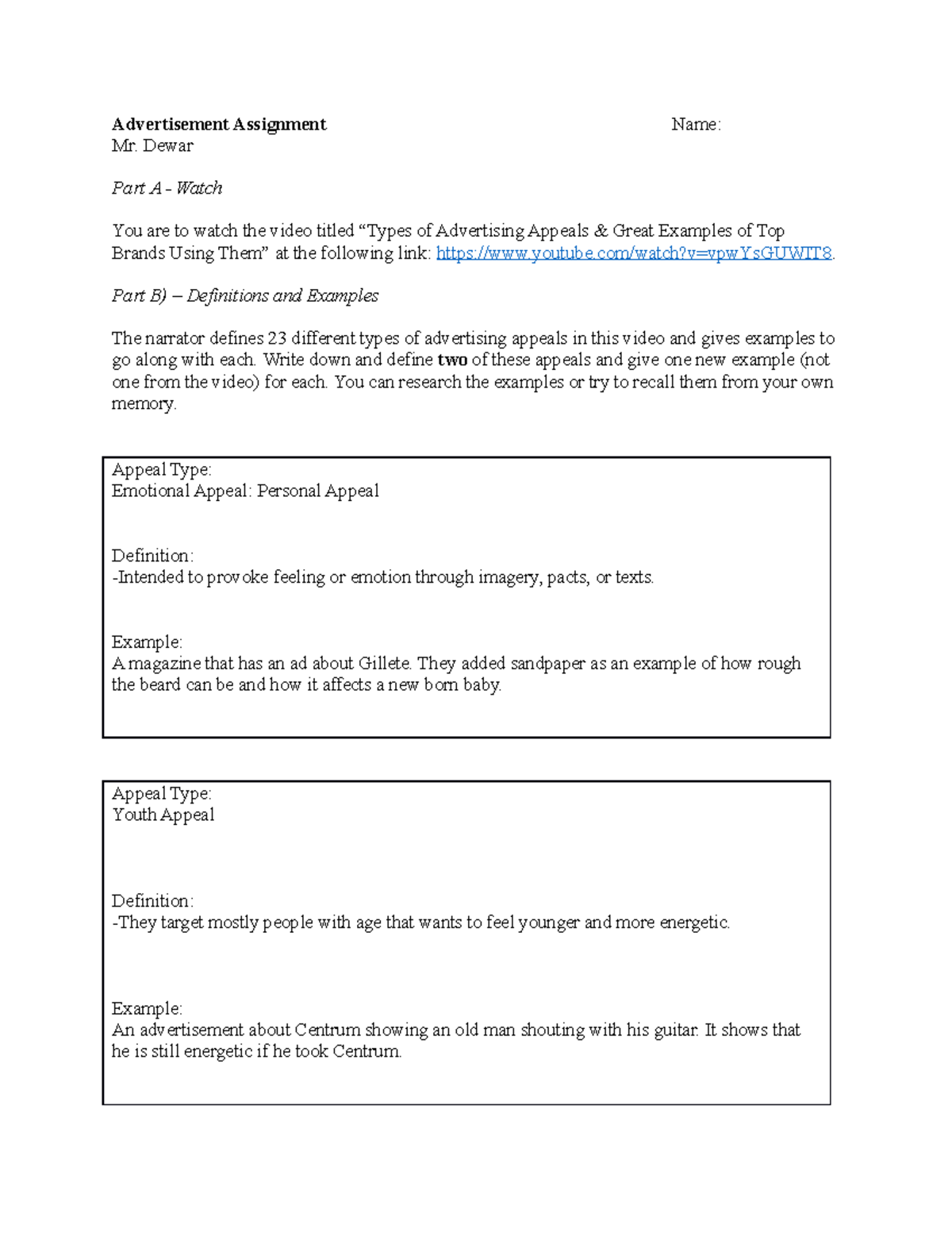 1. Part 1. Video Response - Definitions and Examples - Advertisement ...