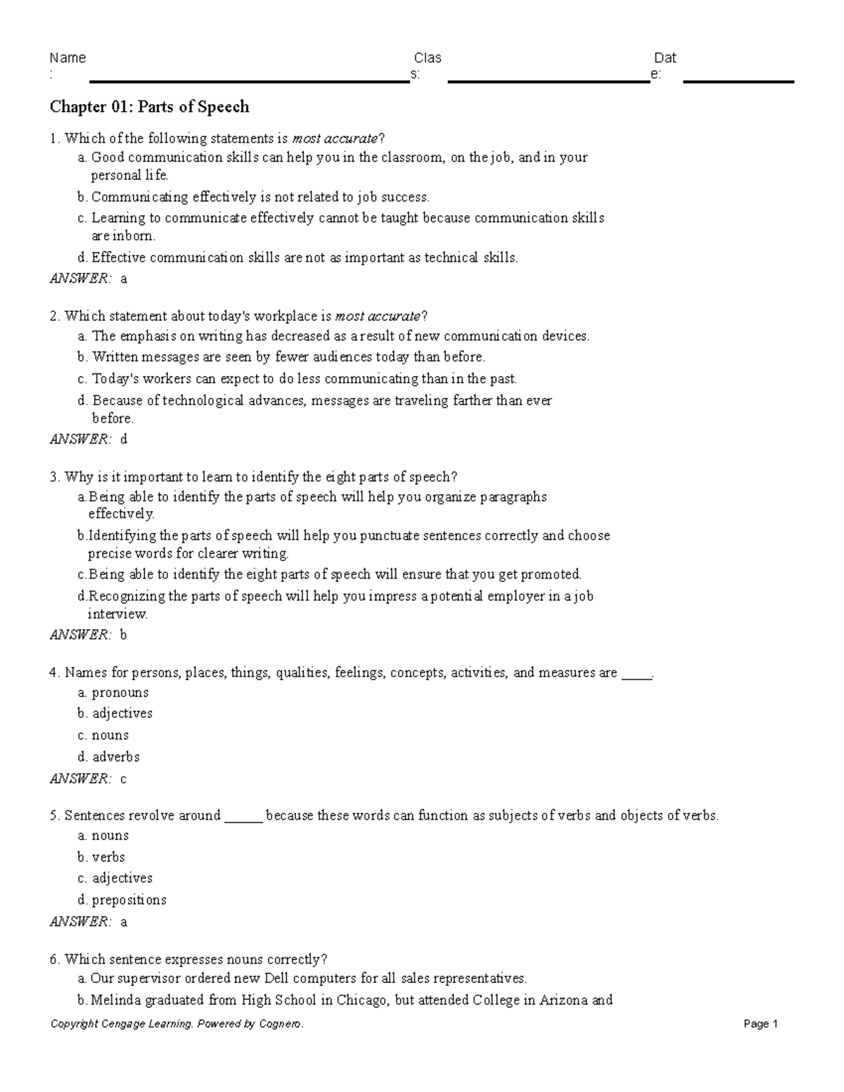 9780357033784 Test Bank Chapter 01 Parts of Speech Chapter 01 Parts