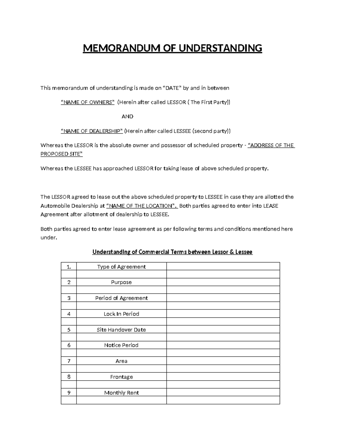 MOU Format Adarsha Nexa - MEMORANDUM OF UNDERSTANDING This memorandum ...