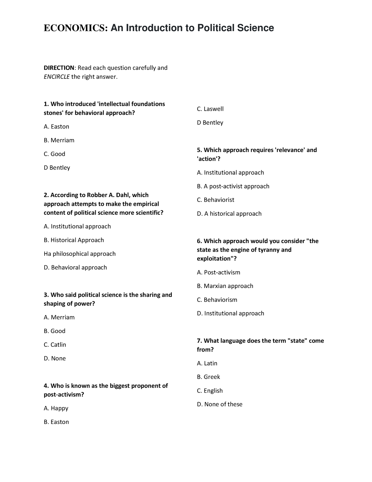 Economics Practice Exam 2 - DIRECTION: Read Each Question Carefully And ...