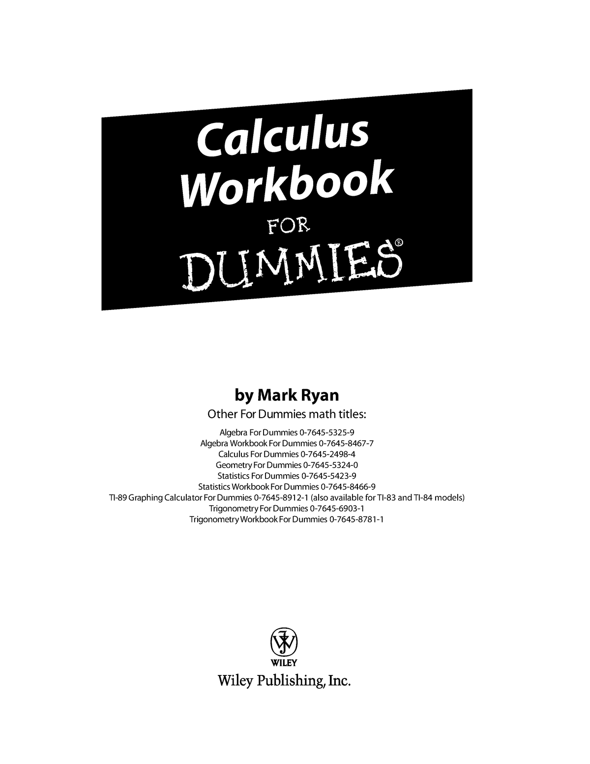 Mark Ryan Calculus Workbook For Dummies By Mark Ryan Other For Dummies Math Titles Algebra 5818