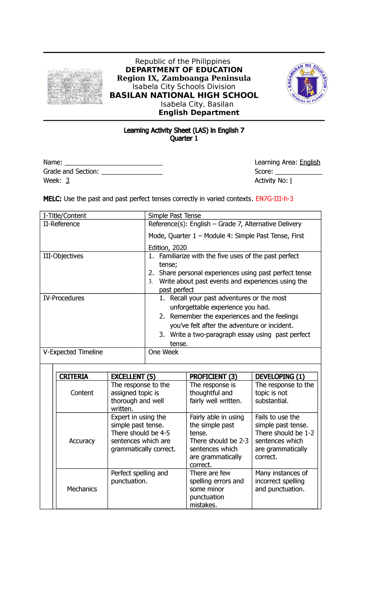 Q1 W6 Performance-TASK - Republic of the Philippines DEPARTMENT OF EDUCATION Region IX ...