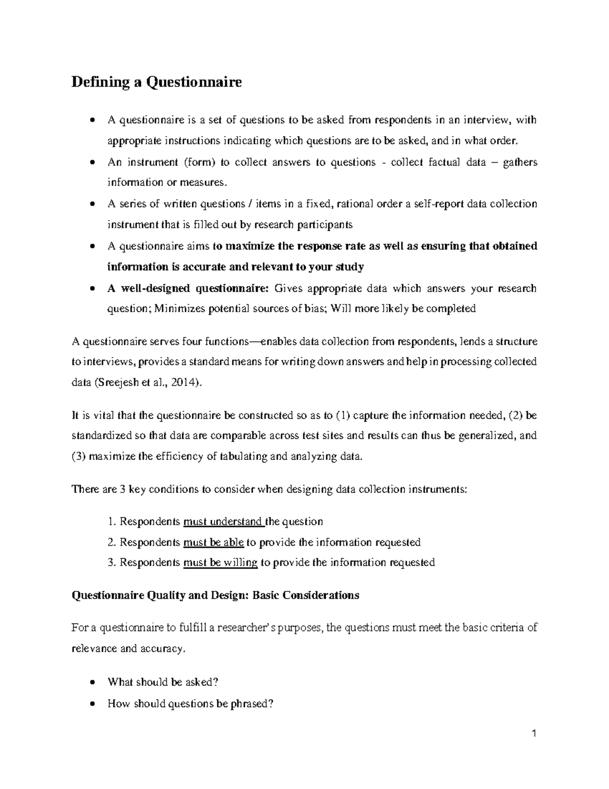 Notes - Developing a Questionnaire - Defining a Questionnaire A ...