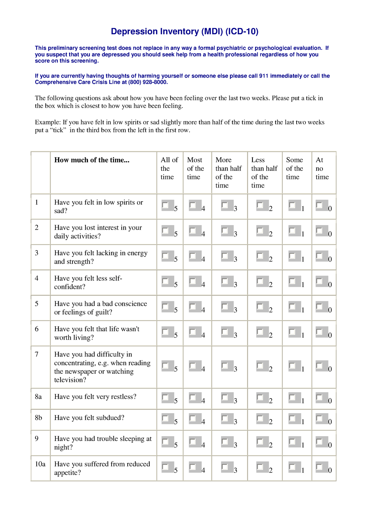 Worklife depression Inventory - Depression Inventory (MDI) (lCD-10 ...