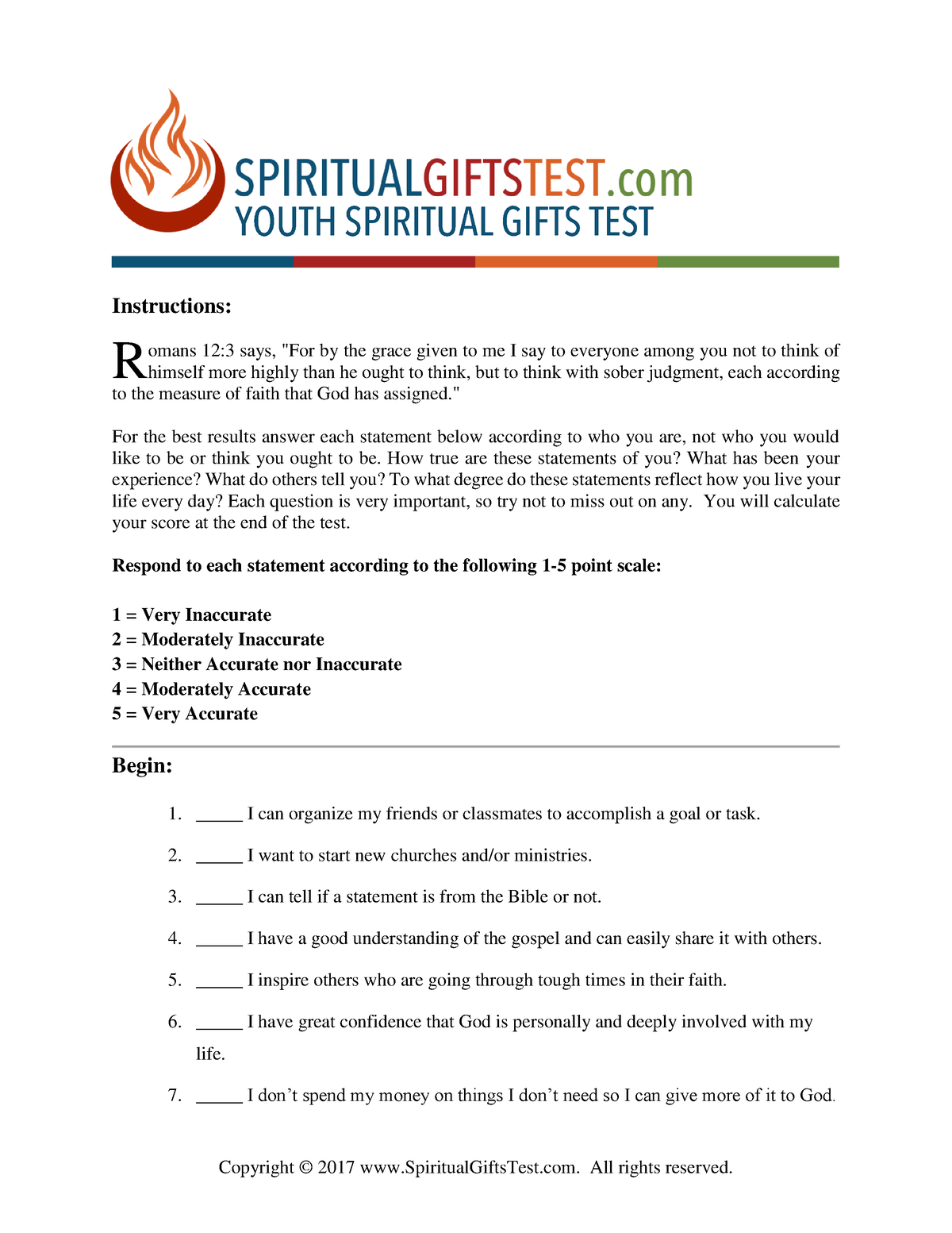 Youthgiftstest Spiritual Gift Test Instructions omans 123 says