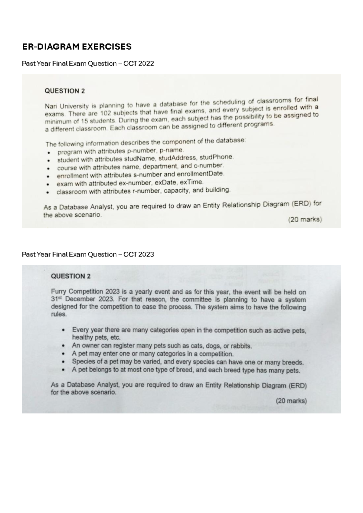 ERD PAST YEAR Questions Exercise 1 - Schemes - information managemenr ...