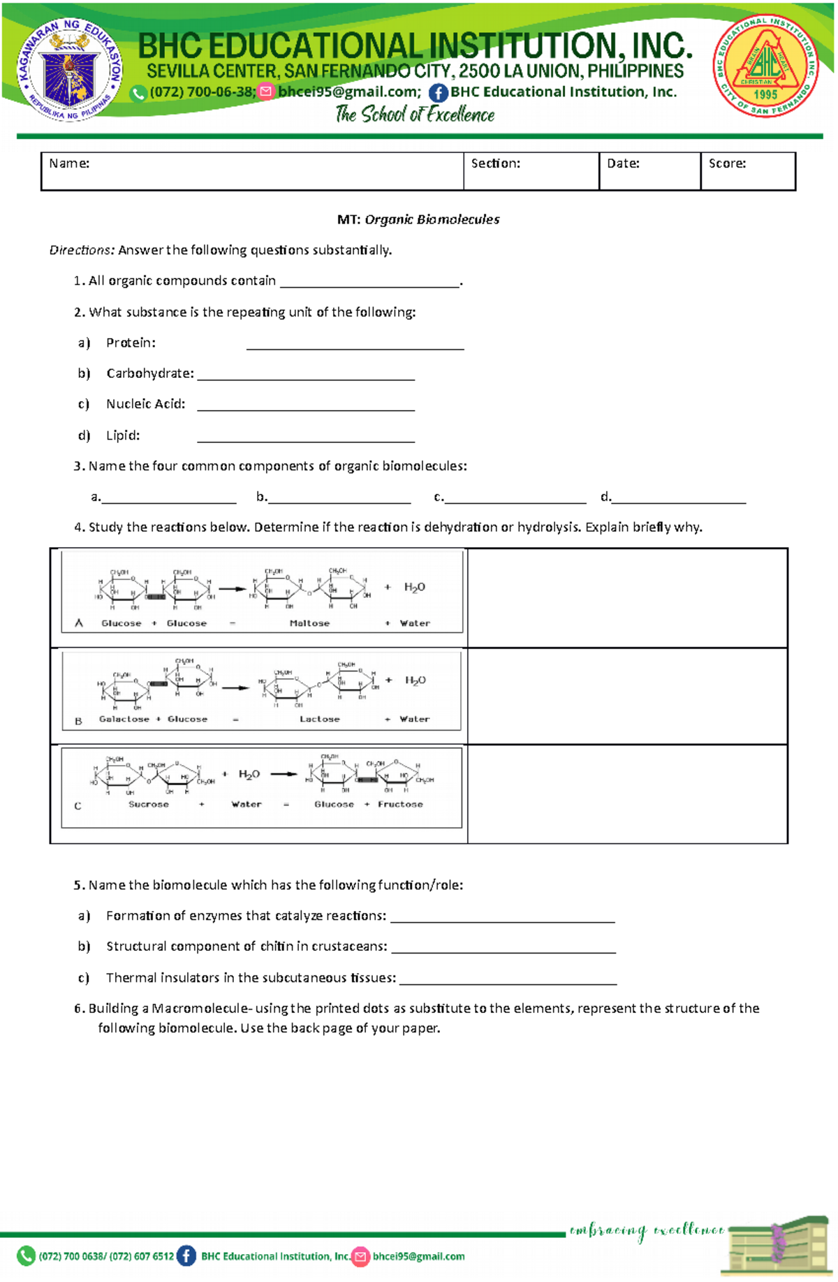 Biomolecules MT Activity sheet and practice materials Name Section