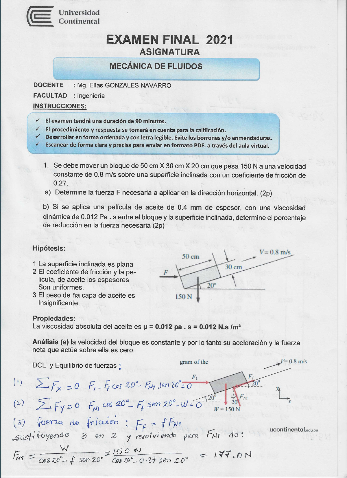 Solucionario Examen Final Fluidos 2021pdf - Mecánica De Fluidos - Studocu