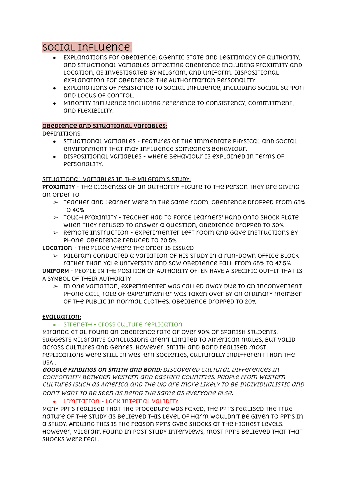 1 - psychology notes - Social Influence: Explanations for obedience ...