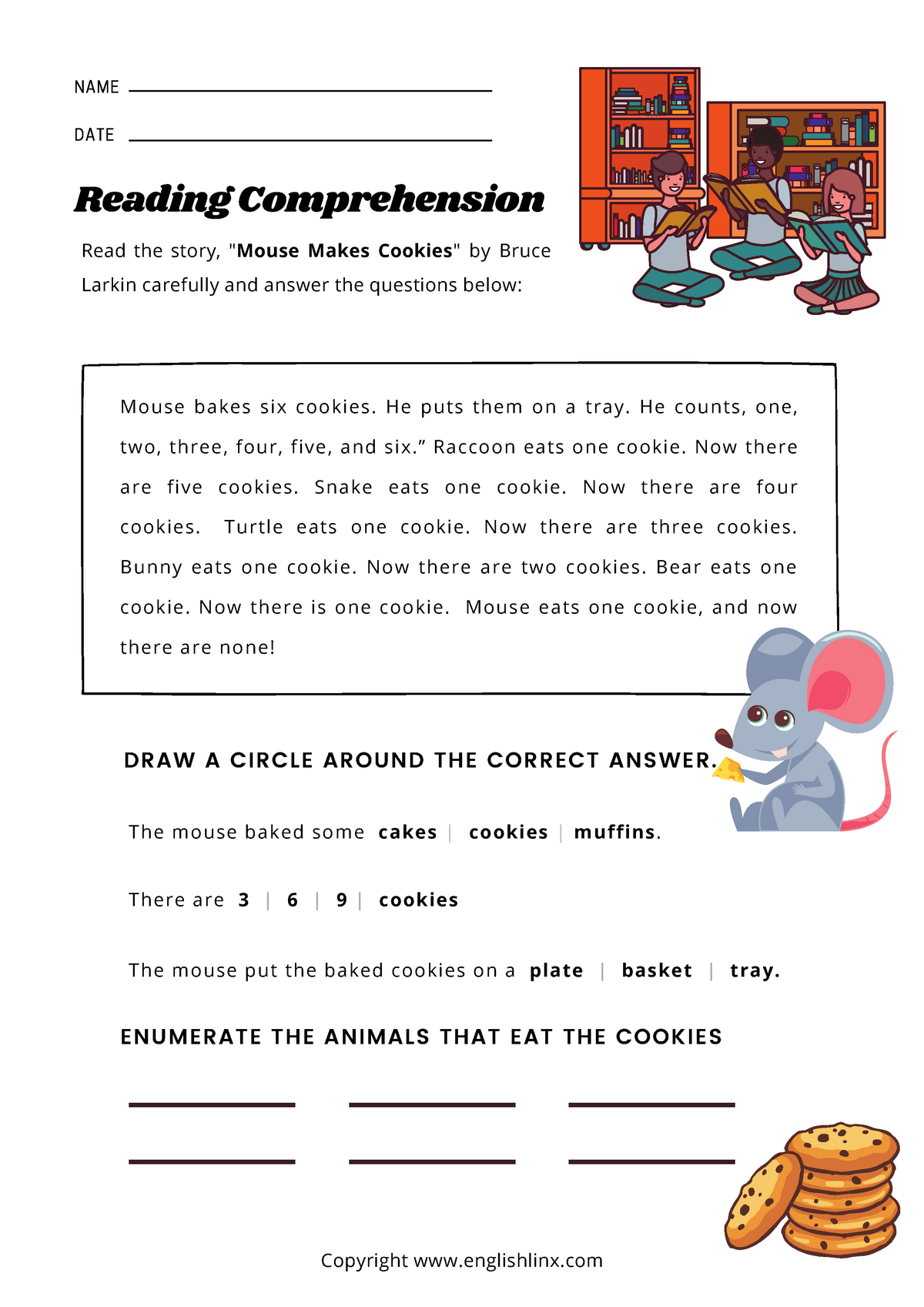 ( Worksheet) English Reading Comprehension - Mouse bakes six cookies ...