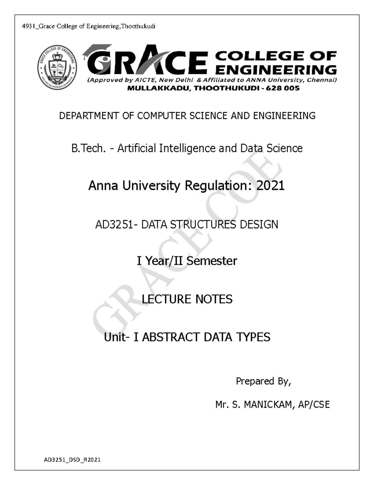 II AIDS AD3251 DSD Notes UNIT 1 - Data structures design - DEPARTMENT ...
