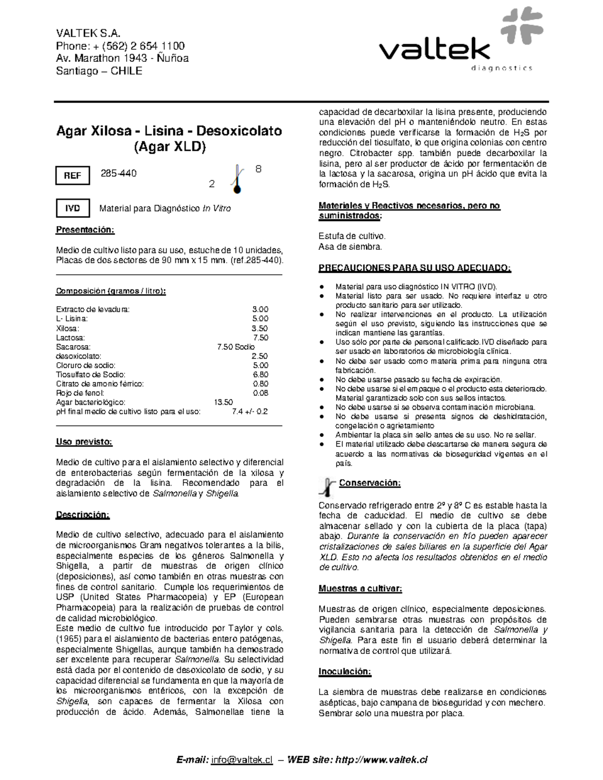 Agar XLD Valtek Version 3 - VALTEK S. Phone: + (562) 2 654 1100 Av ...