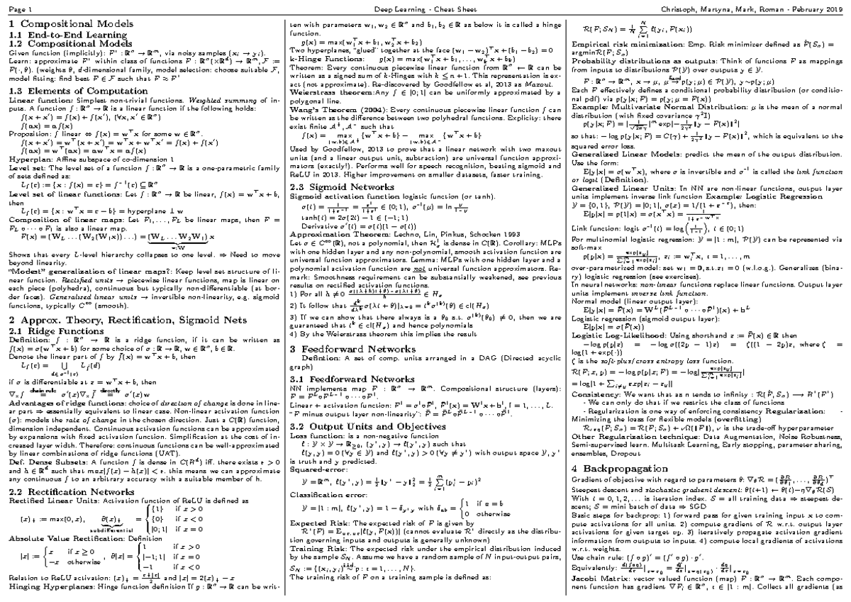 Deep Learning Cheat Sheet HS2017 - Learn: approximate F within class of ...