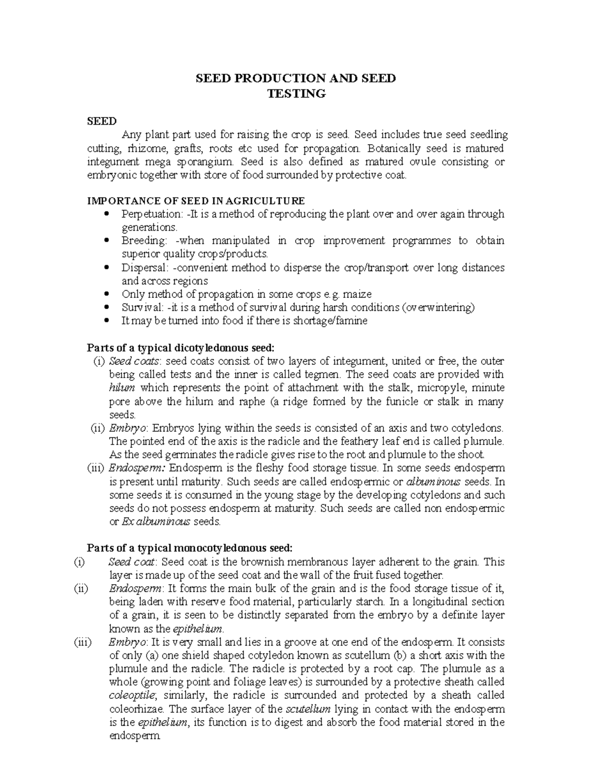 Seed production and testing notes 1 - SEED PRODUCTION AND SEED TESTING ...