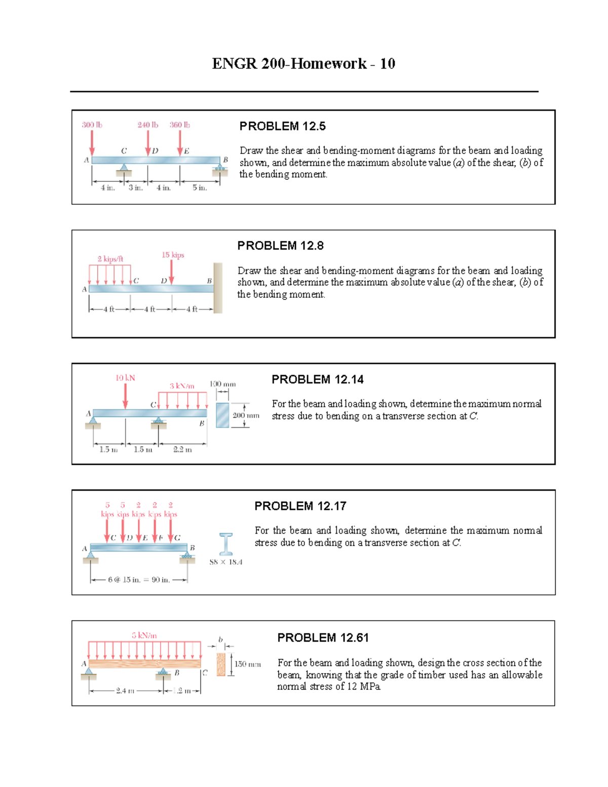 HW 10 - good stuff - ENGR 200-Homework - 10 PROBLEM 12. Draw the shear ...