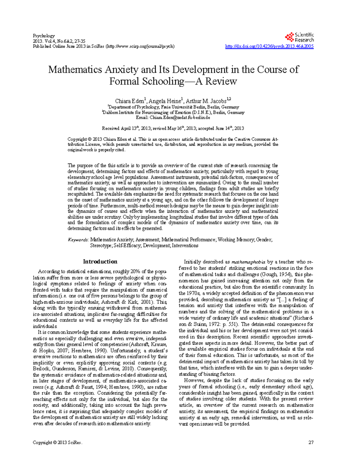 Mathematics Anxiety and Its Development in the Course of - Psychology ...