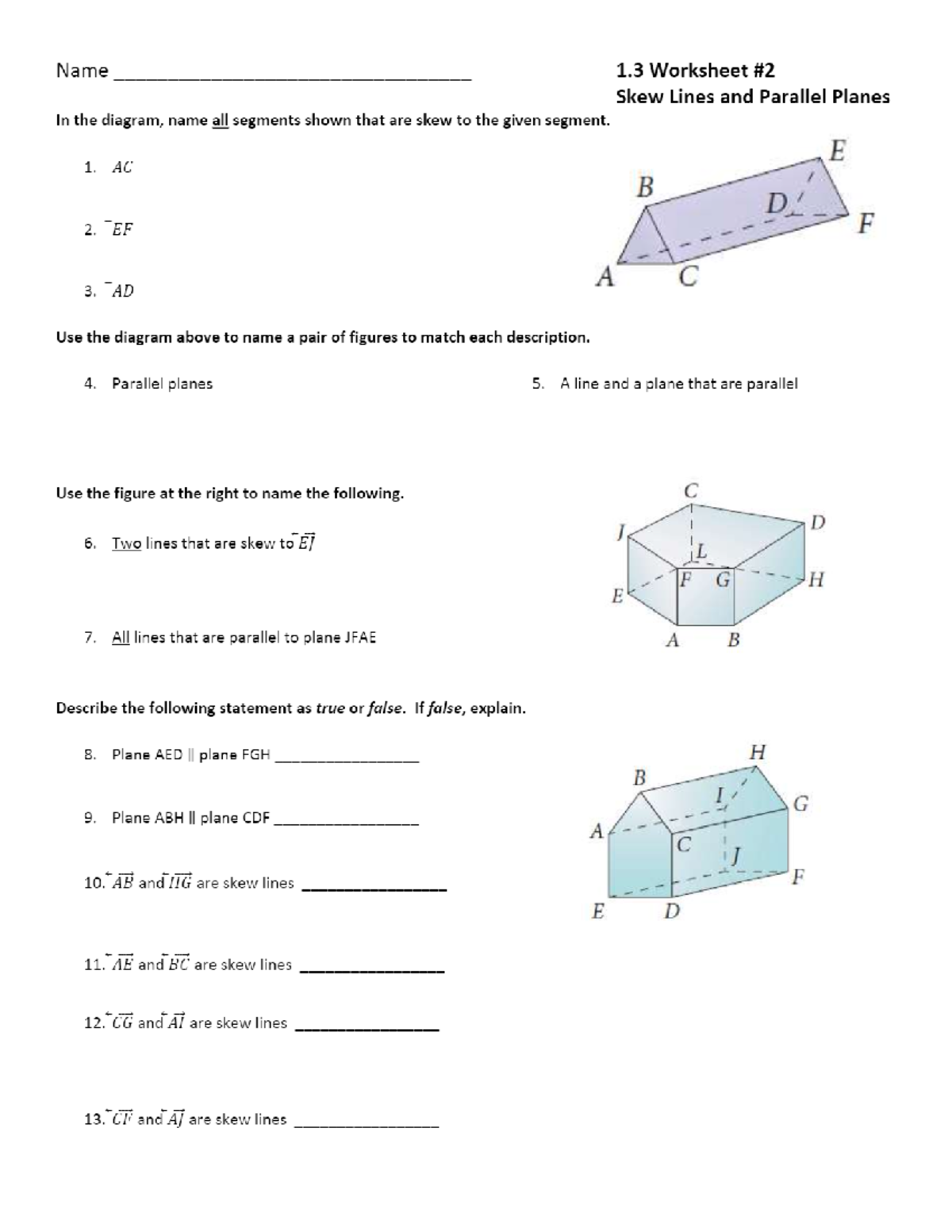 1.3 Worksheet #2 Skew Lines and Parallel Planes - Studocu