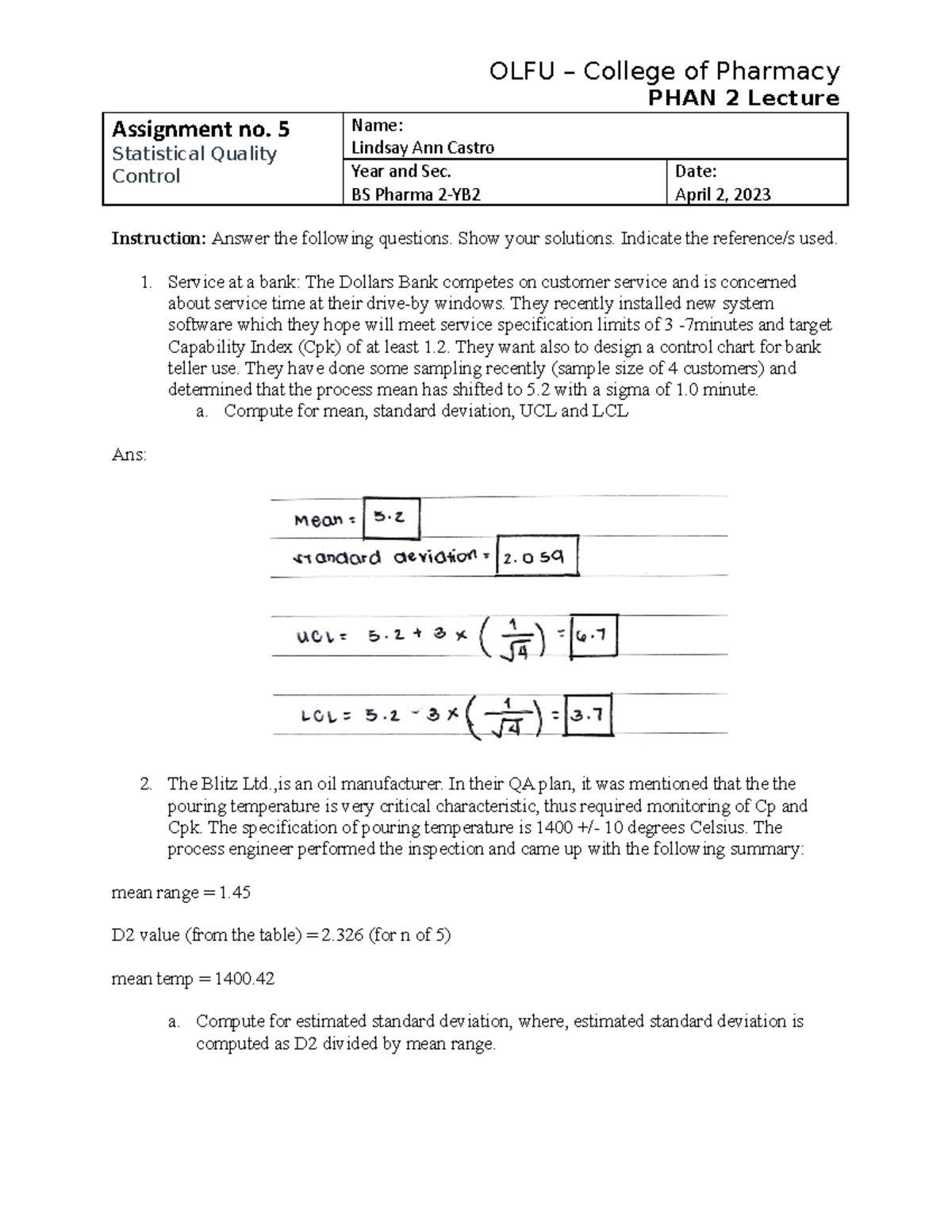 Assignment no 5 - none - OLFU – College of Pharmacy PHAN 2 Lecture ...